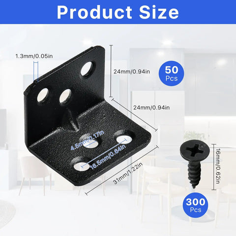 Heavy Duty L Brackets And Corner Connectors For Woodwork, Includes Three Hundred Assorted Screws, Rust Resistant Black Steel with measurements.