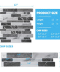 Dimensions of 10 Sheet Peel And Stick Backsplash Tiles 12 By 12 Inches Dark Grey Marble Design, with size guide and chip dimensions information.
