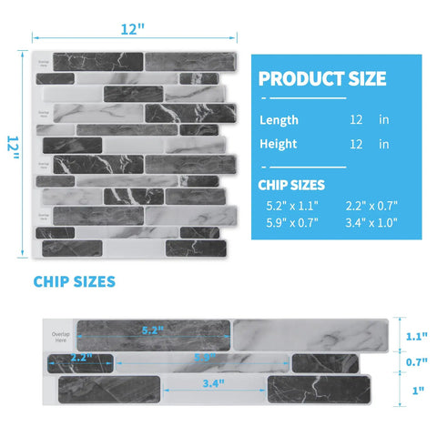Dimensions of 10 Sheet Peel And Stick Backsplash Tiles 12 By 12 Inches Dark Grey Marble Design, with size guide and chip dimensions information.
