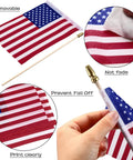 50 Pack USA Stick Flags 12 By 18 Inch Small Flags With Wooden Poles And Spear Tips showing fabric and durability features.