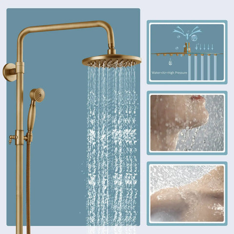 Antique Brass Tub Shower Faucet Set With 8 Inch Shower Head Handheld Spray And Diverter Triple Function Mixer