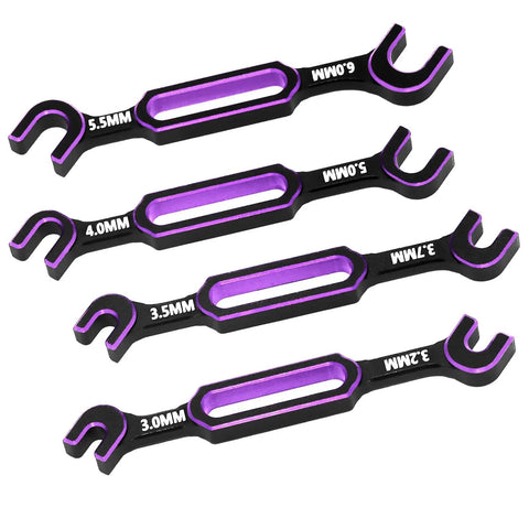 Aluminum RC Wrench Set 4 Piece With 3.0 3.2 3.5 3.7 4.0 5.0 5.5 6.0mm Turnbuckle Nut Ball Joint Remover For RC Cars Boats Drones Upgrade Tools Purple Kit, showing four purple wrenches arranged in parallel.