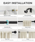 Heavy Duty Adjustable Curtain Rod Set 32 To 120 Inches 1 Inch Diameter Black Finish For Bedroom Sliding Doors And Patio Easy Install Strong Support For Windows And Modern Decor, showing installation steps.