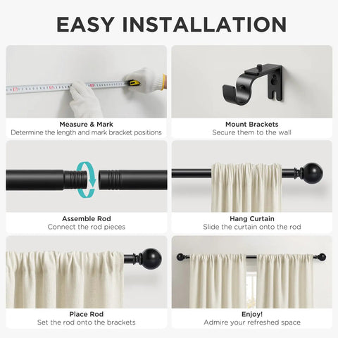 Heavy Duty Adjustable Curtain Rod Set 32 To 120 Inches 1 Inch Diameter Black Finish For Bedroom Sliding Doors And Patio Easy Install Strong Support For Windows And Modern Decor, showing installation steps.