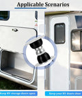 2 Pack Magnetic Door Holder For RV And Camper Must Have Heavy Duty Stainless Steel Door Stopper To Keep Doors Open, Universal Travel Trailer Motor Home Cargo Trailer Accessory Black 59mm shown in use on RV doors.