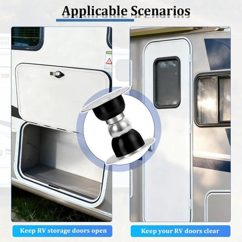2 Pack Magnetic Door Holder For RV And Camper Must Have Heavy Duty Stainless Steel Door Stopper To Keep Doors Open, Universal Travel Trailer Motor Home Cargo Trailer Accessory Black 59mm shown in use on RV doors.