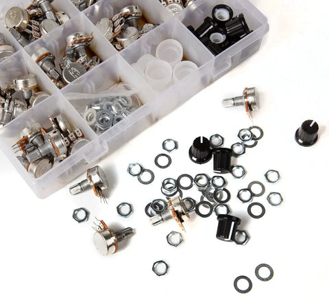 76 Piece Potentiometer Assortment With A B C Tapers Logarithmic Linear Reverse Log 1K 2K 5K in labeled box with components