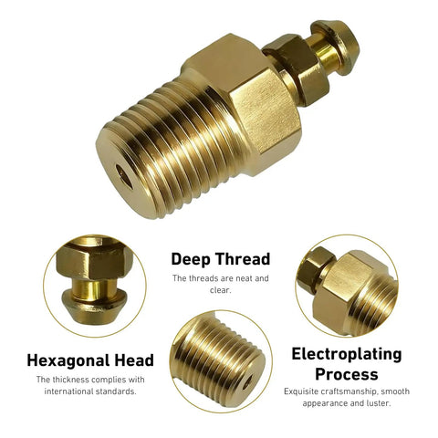 Badass Heavy Duty Brass Bleeder Screws Eight Piece Brake Caliper Kit With 1 8 27 And 1 4 28 Threads showing deep threaded brass screw with hexagonal head.
