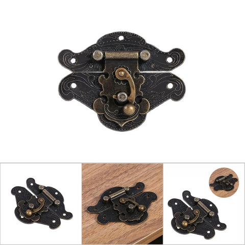 Vintage Zinc Alloy Buckle Latch 2 Piece Hasp Hardware for Jewelry Box with bronze finish, close-up view.