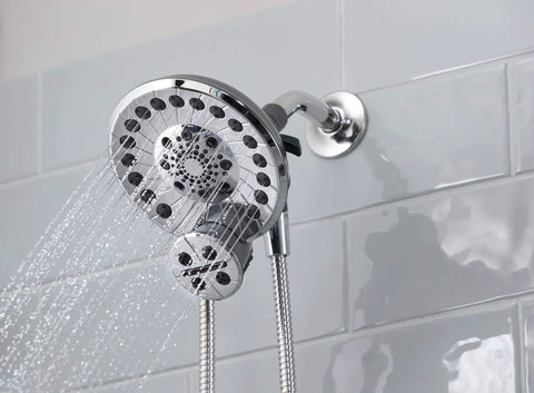 Two In One Shower Head And Wand Combo In Chrome Finish With No Tools Install, mounted on white tile with water spray visible