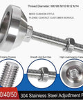 Rock Solid Adjustable Furniture Leveling Feet With Non Slip Stainless Steel Base Anti Wobble Threaded Glides For Uneven Floors Heavy Duty Shock Absorber Pack Of Two showing M14 threaded foot with smooth surface.