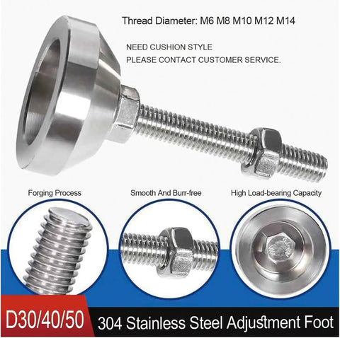 Rock Solid Adjustable Furniture Leveling Feet With Non Slip Stainless Steel Base Anti Wobble Threaded Glides For Uneven Floors Heavy Duty Shock Absorber Pack Of Two showing M14 threaded foot with smooth surface.