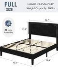 Full Size Platform Bed Frame With Height Adjustable Tufted Upholstered Headboard Modern Mattress Foundation Heavy Duty Wooden Slats No Box Spring Needed Zero Hassle Setup Jet Black dimensions and assembly details