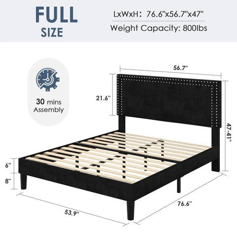 Full Size Platform Bed Frame With Height Adjustable Tufted Upholstered Headboard Modern Mattress Foundation Heavy Duty Wooden Slats No Box Spring Needed Zero Hassle Setup Jet Black dimensions and assembly details