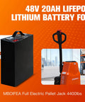 High Capacity 48V Lithium Pallet Jack Battery Compatible With Mboifea Electric Carts on an orange background.