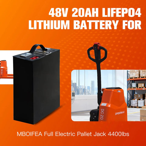 High Capacity 48V Lithium Pallet Jack Battery Compatible With Mboifea Electric Carts on an orange background.