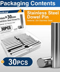 Heavy Duty 304 Stainless Steel M4 Dowel Pins Thirty Piece Set with 30pcs of precision ground pegs in a clear container.
