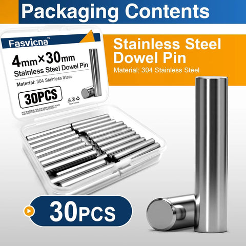 Heavy Duty 304 Stainless Steel M4 Dowel Pins Thirty Piece Set with 30pcs of precision ground pegs in a clear container.