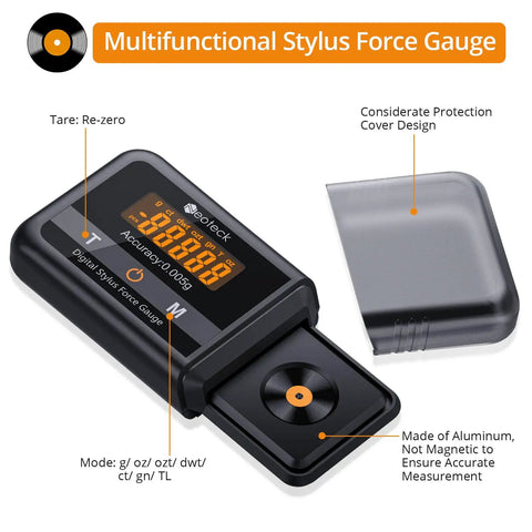 Digital Stylus Force Gauge For Turntables With 0.005g Resolution And 100g Capacity, ±0.015g Accuracy , Pro-Grade Non-Magnetic Tool For Fine-Tuning Cartridge Tracking, Dialed-In Sound Quality, And Reducing Record Wear. Black digital gauge with cover