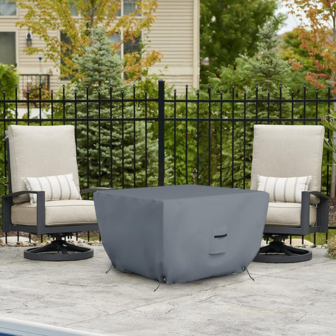 Tough Outdoor Square Fire Pit Cover 30 Inch by 30 Inch 12 Oz PVC Coated Polyester Waterproof Weather Resistant UV Protected Gray on patio