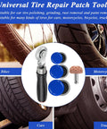 No Sweat Tire Patch Kit With Thirty Durable Rubber Patches Precision Rolling Buffer And Scraper Tool For Quick Flat Repairs and Slick Garage Auto Upgrades On Cars And Rigs, featuring tire tools and patches.