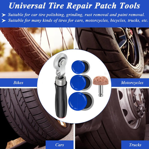 No Sweat Tire Patch Kit With Thirty Durable Rubber Patches Precision Rolling Buffer And Scraper Tool For Quick Flat Repairs and Slick Garage Auto Upgrades On Cars And Rigs, featuring tire tools and patches.