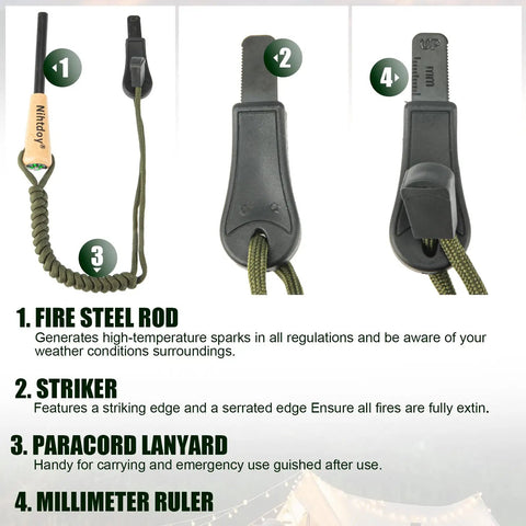 Ferro Rod Fire Starter Kit With Carbon Steel Striker And Compass Integrated Hardwood Handle For Camping, Hiking, Bushcraft And Emergency Prep, No Brainer Sparks For Quick Ignition And Rugged Survival components overview