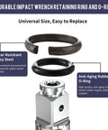 10 Pack Top Shelf 1/2 Inch Impact Wrench Socket Retainer Rings With O Ring Seals Hella Tough Steel Retaining Clips Quick Swap Garage Ready Tool Kit For Heavy Duty Automotive Repairs showing alloy steel retaining ring and rubber O-ring.