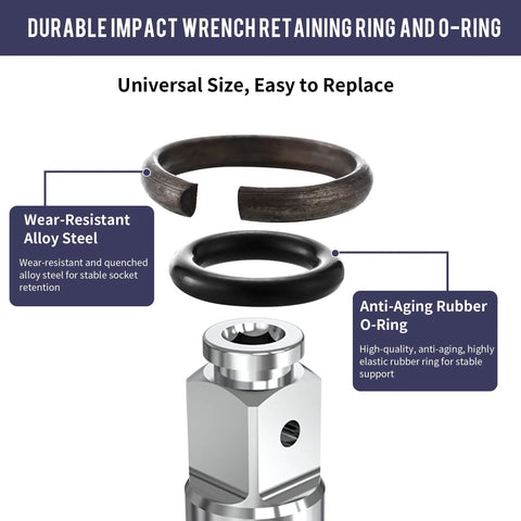 10 Pack Top Shelf 1/2 Inch Impact Wrench Socket Retainer Rings With O Ring Seals Hella Tough Steel Retaining Clips Quick Swap Garage Ready Tool Kit For Heavy Duty Automotive Repairs showing alloy steel retaining ring and rubber O-ring.