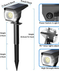 Diagram of Three Mode Solar Outdoor Spot Lights No Wiring Required Auto On Off Waterproof Landscape Lighting For Garden Yard Pathway 18 LED High Brightness Lights with measurements and features.