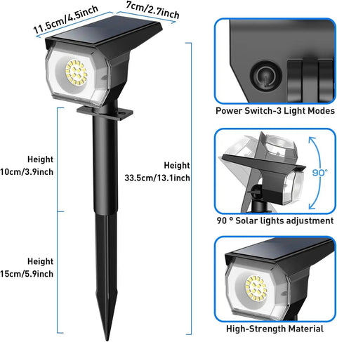 Diagram of Three Mode Solar Outdoor Spot Lights No Wiring Required Auto On Off Waterproof Landscape Lighting For Garden Yard Pathway 18 LED High Brightness Lights with measurements and features.