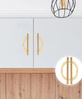 Six Piece Zinc Alloy Half Round Cabinet Pulls With Gold Brushed Finish For Kitchen Cabinets Dressers And Furniture Doors 96mm Center To Center Hardware Sleek Luxury Drawer Handles on white cabinets