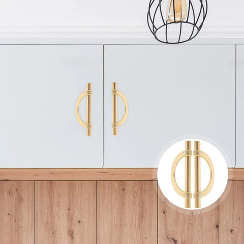 Six Piece Zinc Alloy Half Round Cabinet Pulls With Gold Brushed Finish For Kitchen Cabinets Dressers And Furniture Doors 96mm Center To Center Hardware Sleek Luxury Drawer Handles on white cabinets
