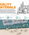 35Pcs M3 Nickel Plated Knurled Thumb Screws Set In 7 Sizes with case and scattered fasteners on cutting mat