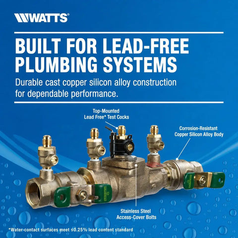 Heavy Duty Lead Free Double Check Backflow Preventer 1 1 2 Inch Npt No Lead Brass Assembly For Commercial Plumbing Work with test cocks and stainless steel bolts.