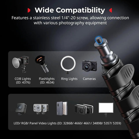 Compatibility chart for Adjustable Light Stand For Photography And Video Gear Up To 8.8 Lb Support 74.8 Inch Tall Studio Tripod