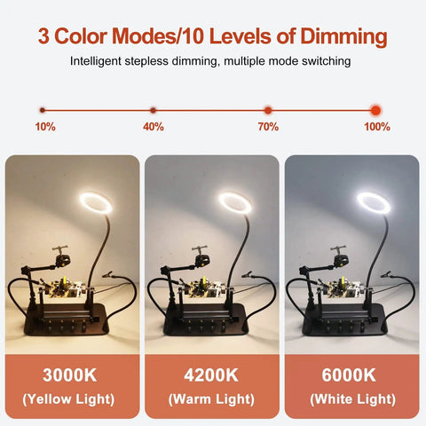 Beefy Heavy Duty Soldering Station With Magnetic PCB Holder And 5 LED Magnifier showing 3 color modes and dimming levels
