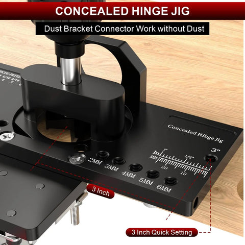 Close-up of Concealed Hinge Jig For Cabinets And Doors, Metal Construction With Quick Clamp And Dust Vacuum Adapter, 35mm tool.