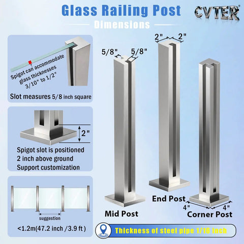 Heavy Duty Glass Railing Post With No Punch Design Spigot Slots And Base 304 Stainless Steel Clamp Bracket For Deck Balusters Balcony Patio And Stairs Silver End Post 24 Inch