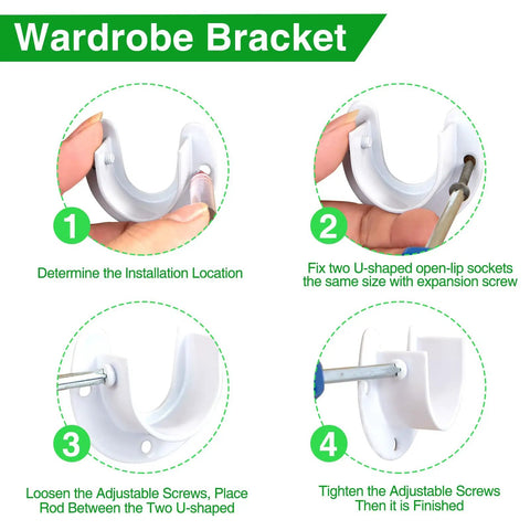Heavy Duty White Closet Rod Brackets Built Different Stainless Steel U Shaped Wall Mount Sockets installation instructions image.
