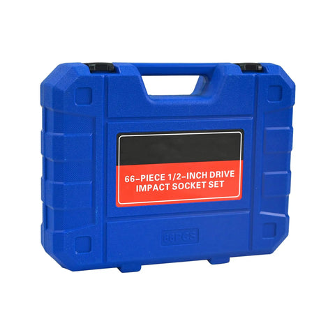 66 Piece Pneumatic Tool And Accessory Kit With Universal Long And Short Sockets Extension Rods Connectors And Ratchet Wrenches For Pro DIY And Repair Tasks Heavy Duty Black And Blue in blue carrying case