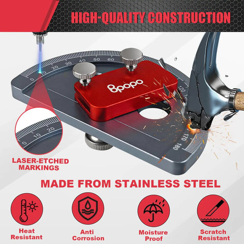 Rock Solid Stainless Steel Angle Protractor With Dead Accurate 0 To 180 Degree Readings For Woodworking Bench Projects Plus Integrated Straight Edge Marking Ruler close-up showing heat-resistant laser-etched markings.