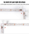 L Shape 4 Pin LED Connector Kit With 22 Clips For 10mm Strip Lights shown in corner connection with direction arrows