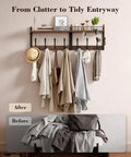 29 Inch Modular Coat Rack Wall Mount With Shelf And Seven Triple Hooks Straight Up Designed To Handle Your Daily Grind Keep Entryway Neat While Grabbing Coats Jackets And Bags On The Fly Brown arranged with hats and jackets.