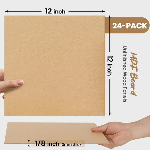 Smooth Unfinished Mdf Craft Boards 24 Pack 12 By 12 Inches 1/8 Inch Thick Medium Density Fiberboard Sheets held in hands.