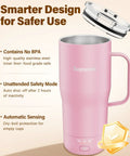 Self Heating Coffee Mug 20oz Electric Temp Control Warmer Keeps Your Brew Piping Hot With Three Rad Heat Settings showing pink stainless steel design with lid and safety features.