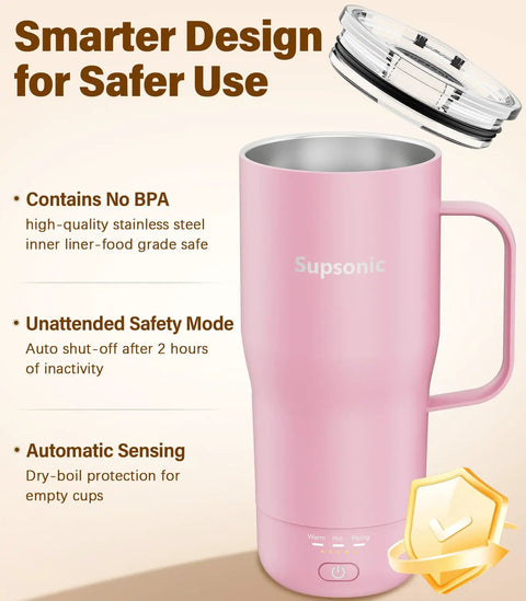 Self Heating Coffee Mug 20oz Electric Temp Control Warmer Keeps Your Brew Piping Hot With Three Rad Heat Settings showing pink stainless steel design with lid and safety features.