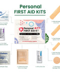 Front view of Personal First Aid Kit To Go, mini travel size, showing bandages, gauze pads, antiseptic wipes inside.
