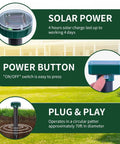 Infographic of Solar Powered Mole Repellent for Lawns and Gardens detailing solar power, power button, and plug & play features.