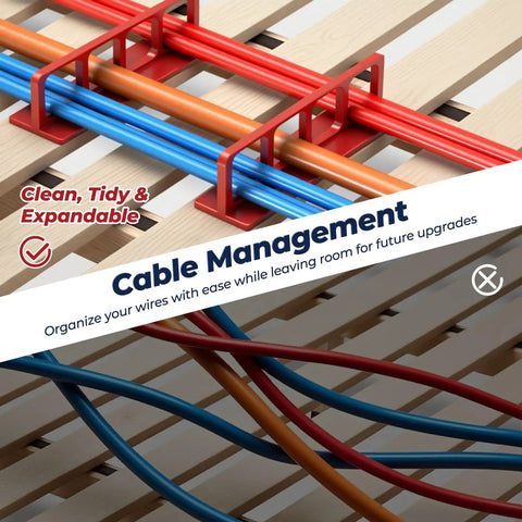 ColumPRO Cable Chase Wire Brackets 20 Pack Heavy Duty NM Cable Organizers hold colorful electrical wires securely on wooden surface.